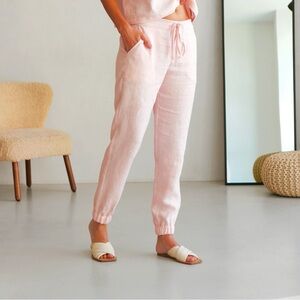 Pure Navy 100 Percent Linen Jogger Drawstring Pants Light Pink Peach Medium
